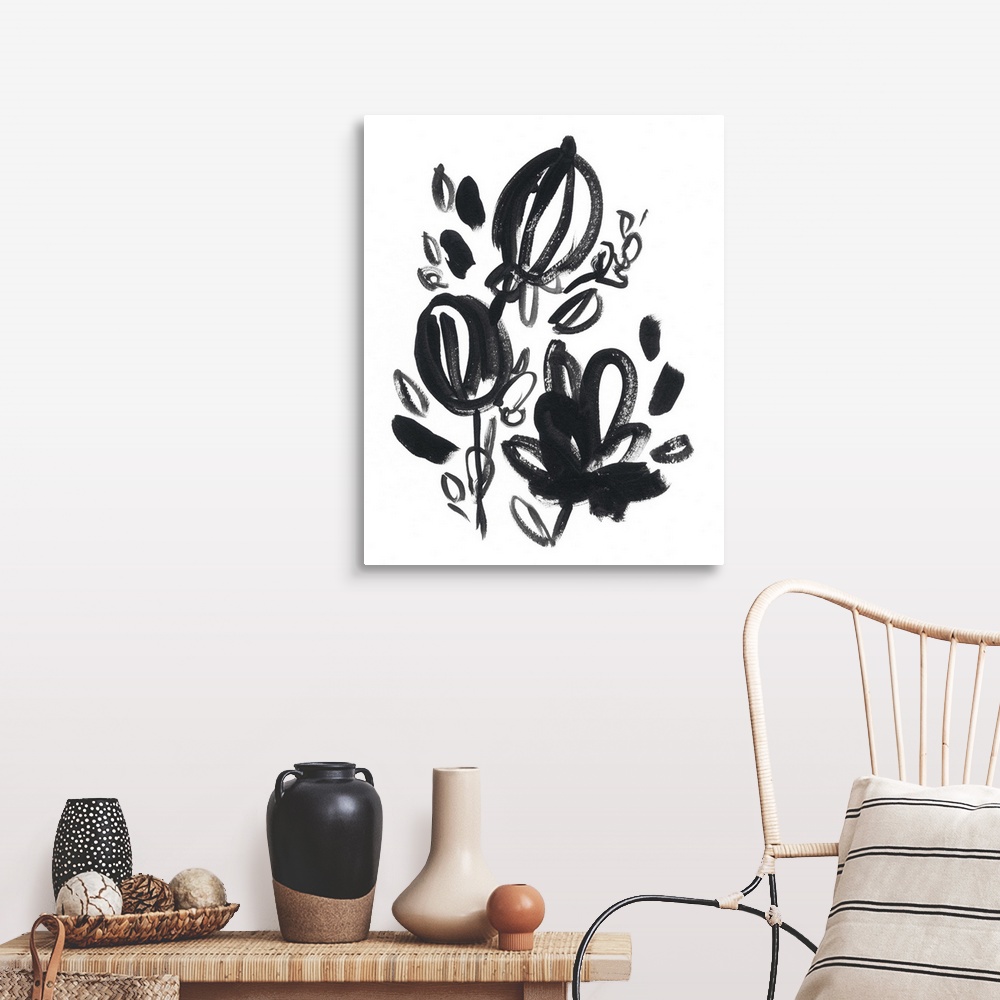 A farmhouse room featuring Vertical abstract artwork with gestural brush strokes of flowers blooming.