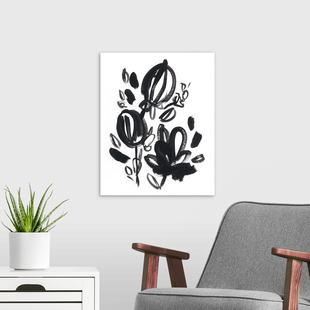A modern room featuring Vertical abstract artwork with gestural brush strokes of flowers blooming.