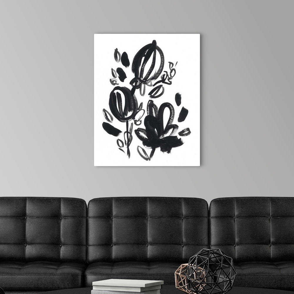 A modern room featuring Vertical abstract artwork with gestural brush strokes of flowers blooming.
