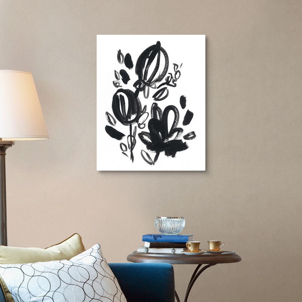 A traditional room featuring Vertical abstract artwork with gestural brush strokes of flowers blooming.