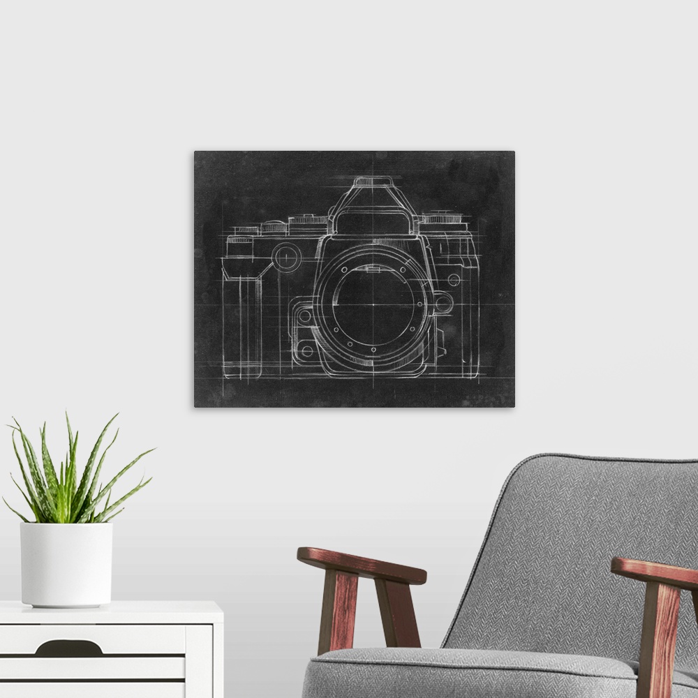 A modern room featuring Contemporary home decor artwork of a chalkboard style technical drawings of cameras.