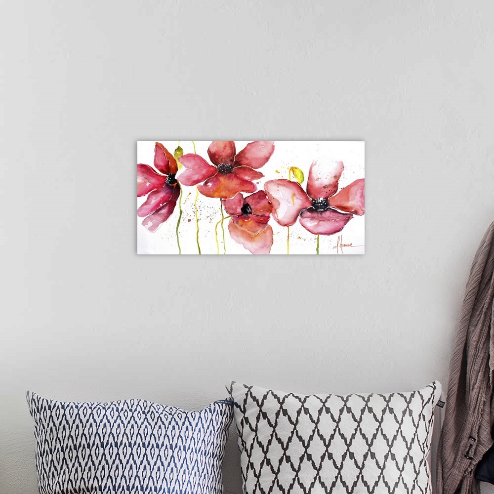 A bohemian room featuring Horizontal image of red watercolor poppy flowers on white.
