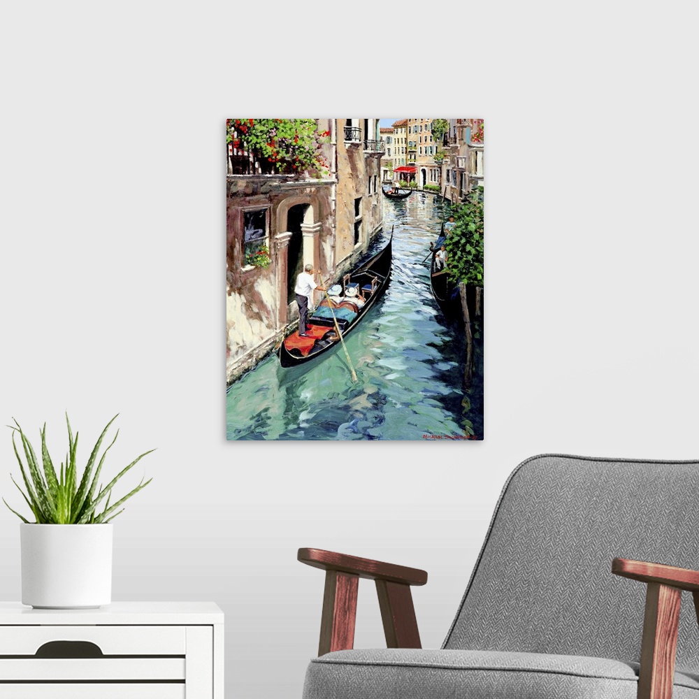 A modern room featuring Contemporary artwork of a street scene in the Italian town of Venice.
