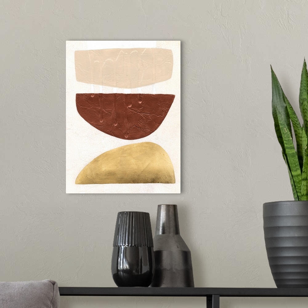 A modern room featuring A contemporary, mid-century modern painting of three organic shapes resembling stacked up bowls