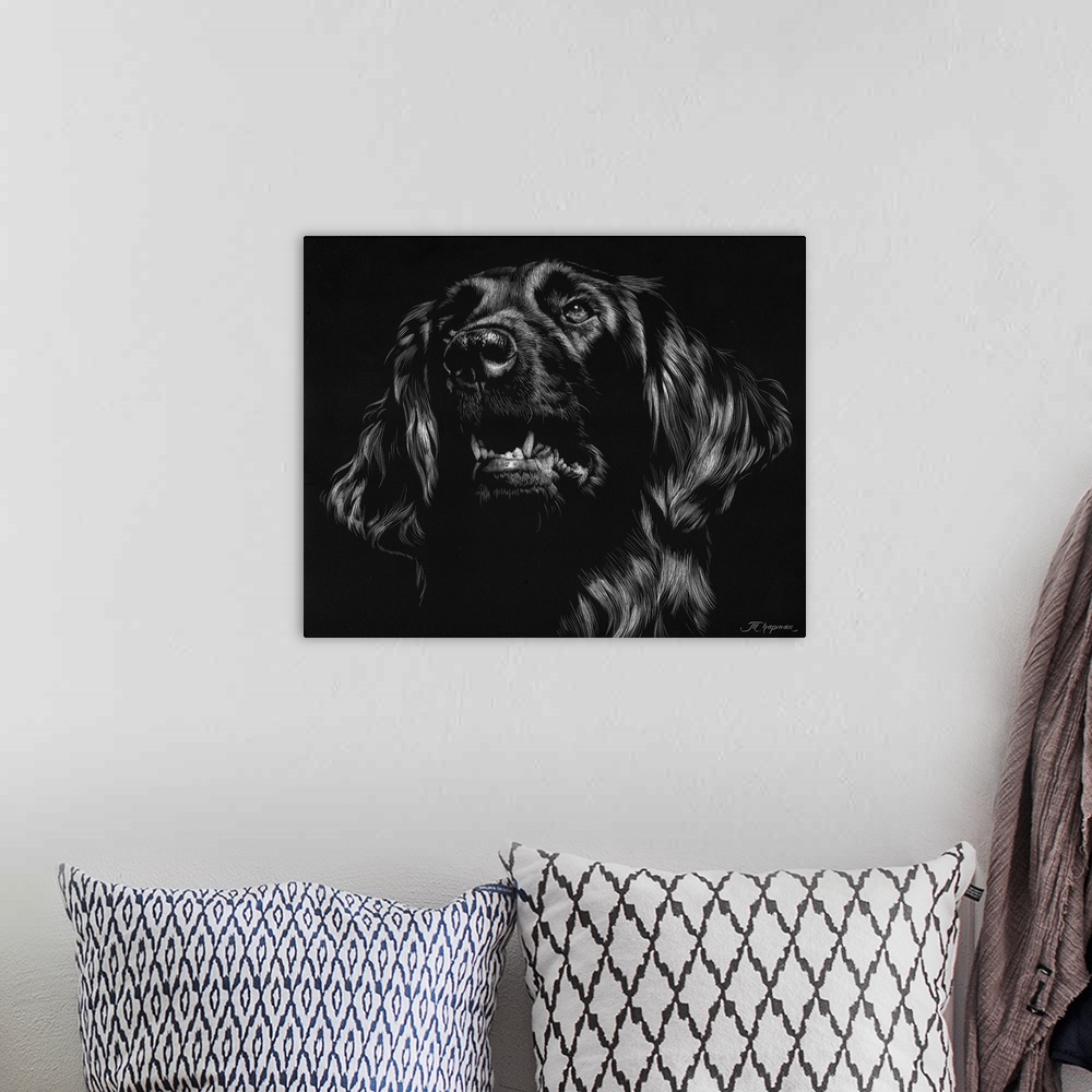 A bohemian room featuring Canine Scratchboard XV