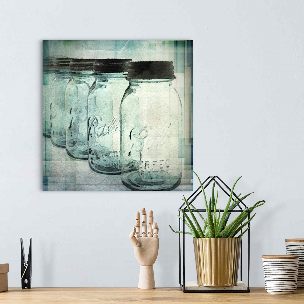 A bohemian room featuring Artistic photograph of a row of glass mason jars.