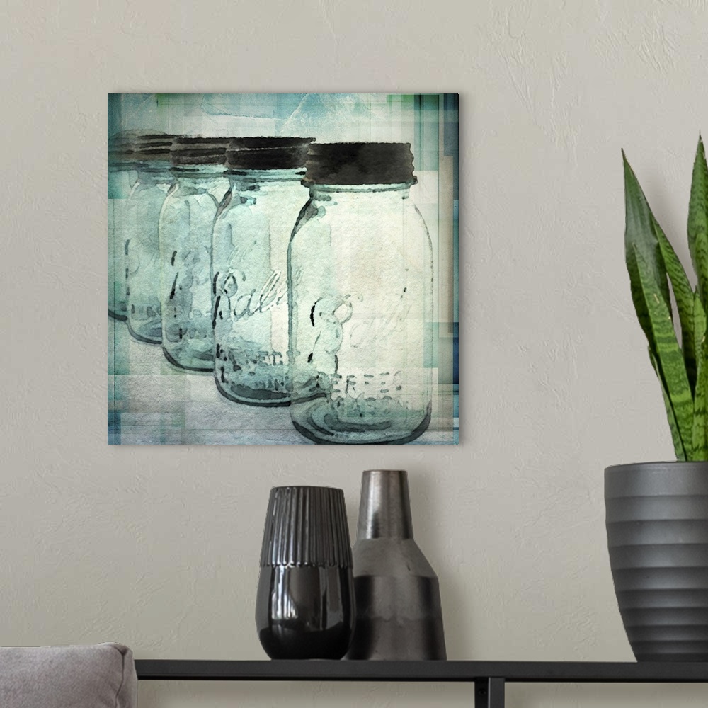 A modern room featuring Artistic photograph of a row of glass mason jars.