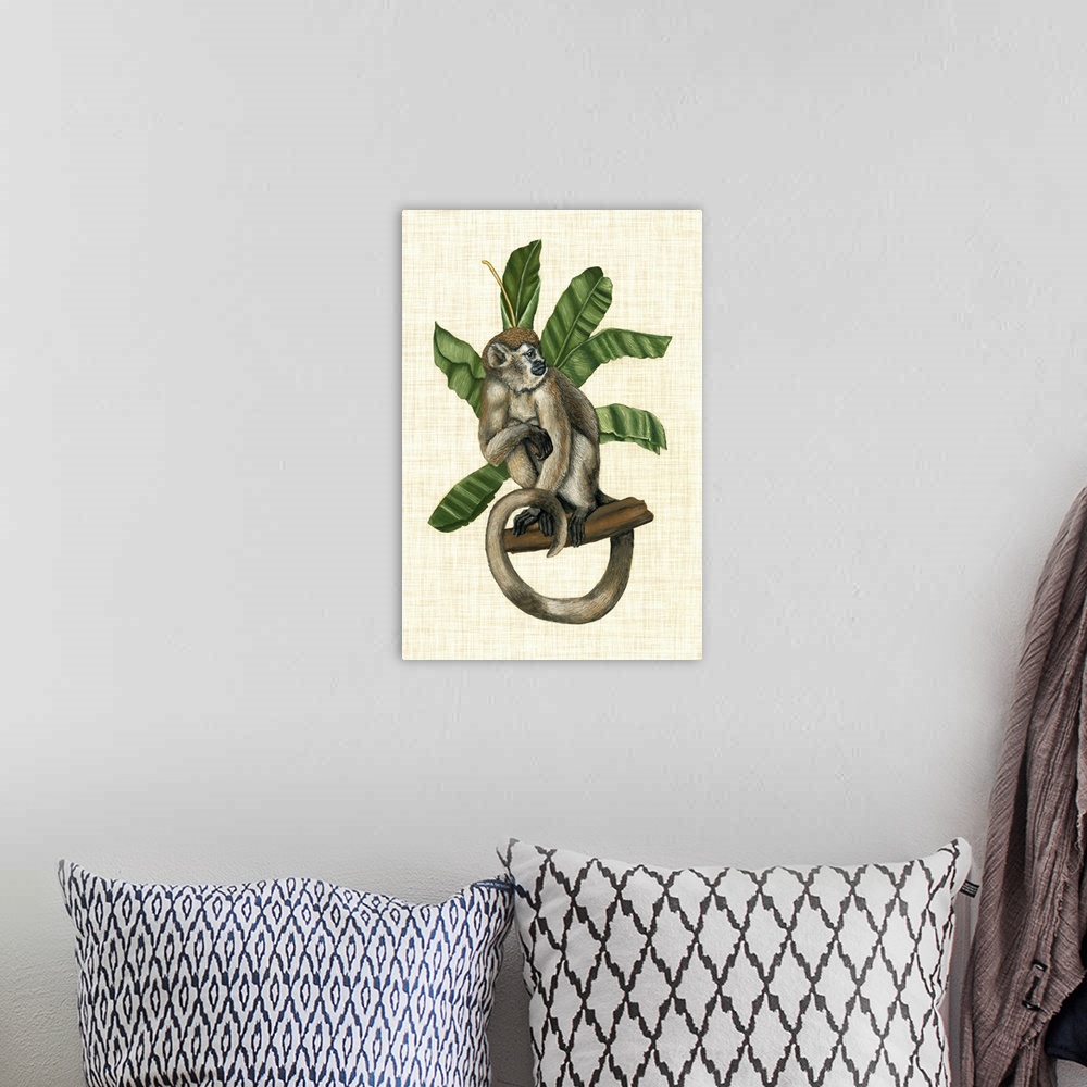 A bohemian room featuring Vintage stylized scientific wildlife illustration of a monkey with tropical leaves against a burl...
