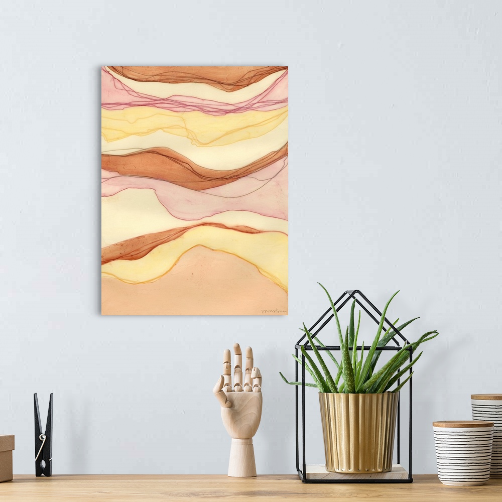 A bohemian room featuring Contemporary abstract painting of what resembles a cross section of stone showing layers of in di...