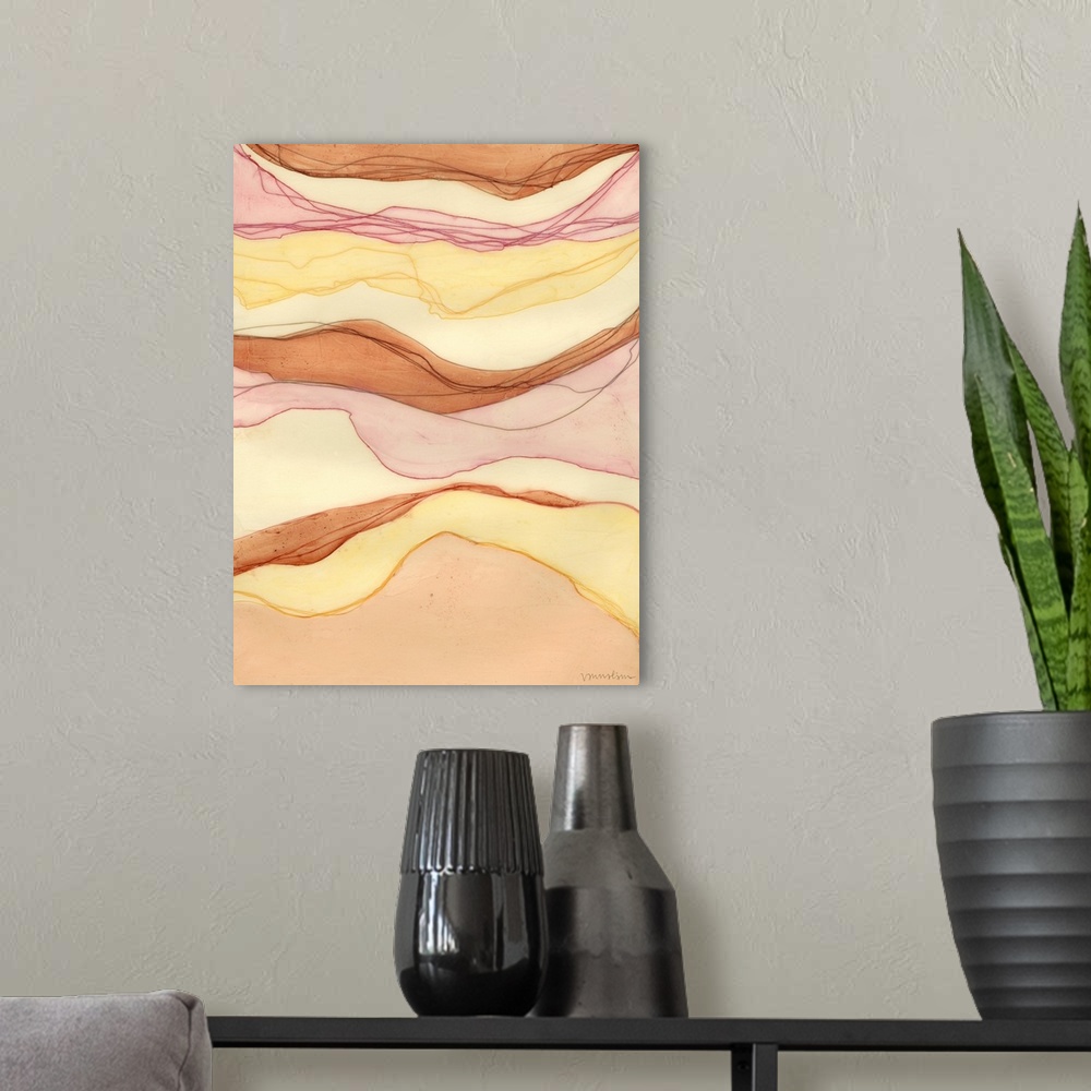 A modern room featuring Contemporary abstract painting of what resembles a cross section of stone showing layers of in di...