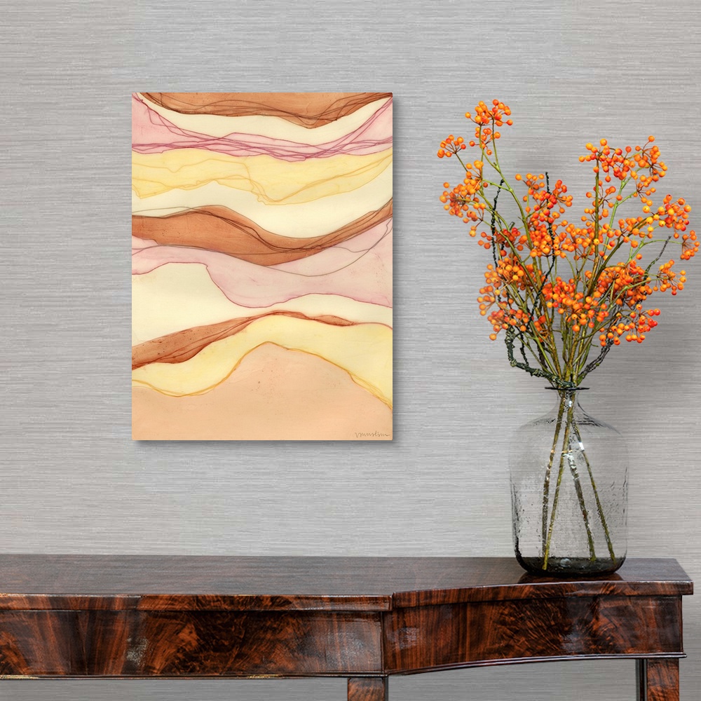 A traditional room featuring Contemporary abstract painting of what resembles a cross section of stone showing layers of in di...