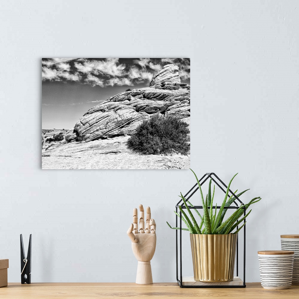 A bohemian room featuring Black and white photograph of Canyonlands National Park in Utah.