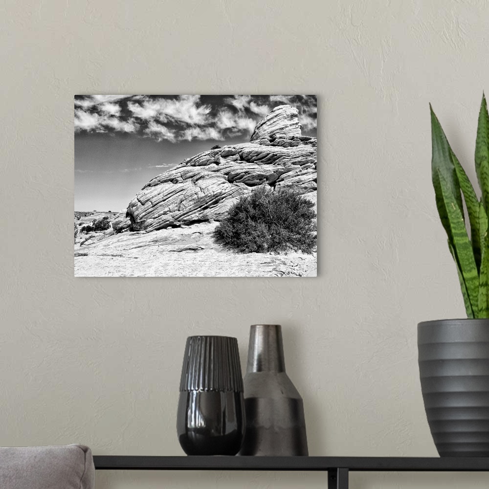A modern room featuring Black and white photograph of Canyonlands National Park in Utah.