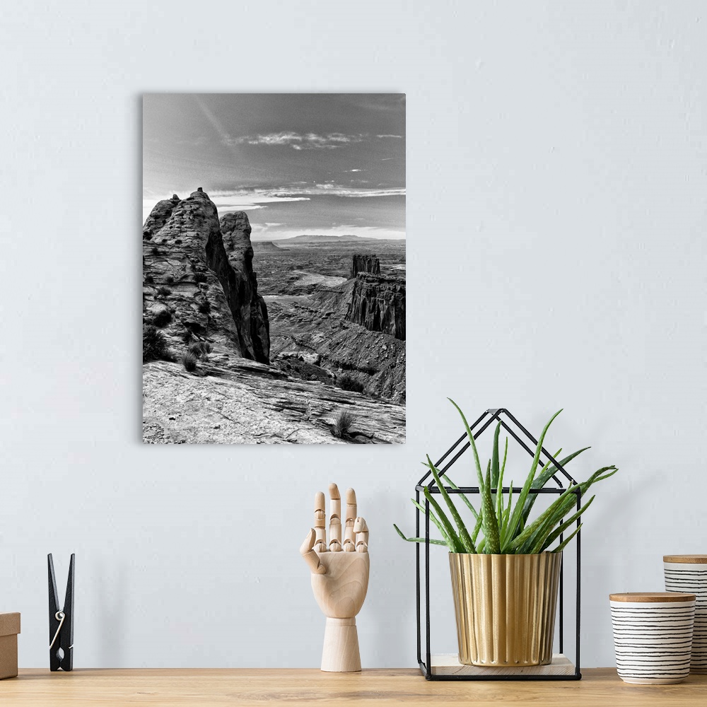 A bohemian room featuring Black and white photograph of Canyonlands National Park.