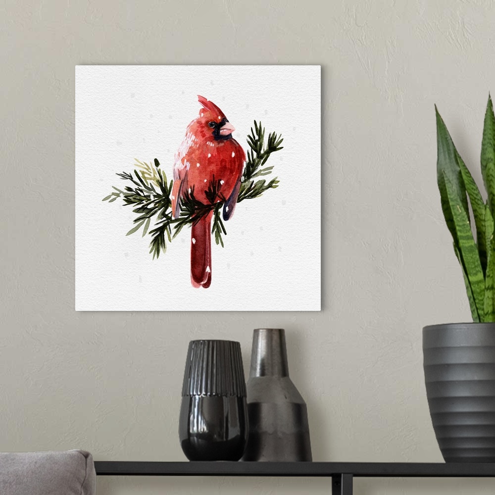 A modern room featuring Cardinal With Snow I