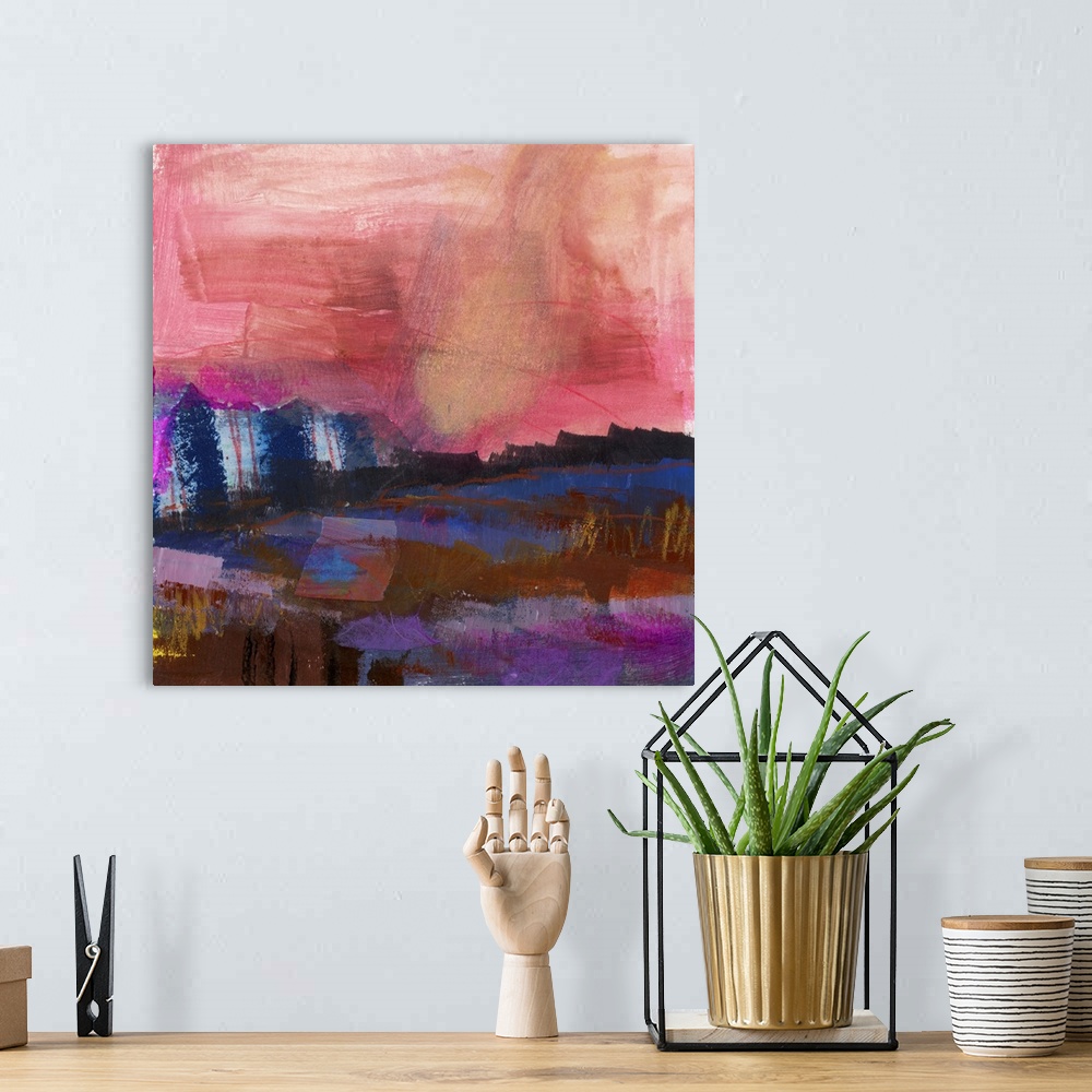 A bohemian room featuring A bright, bold, contemporary abstract painting in jewel tones of pink, blue and purple accented w...