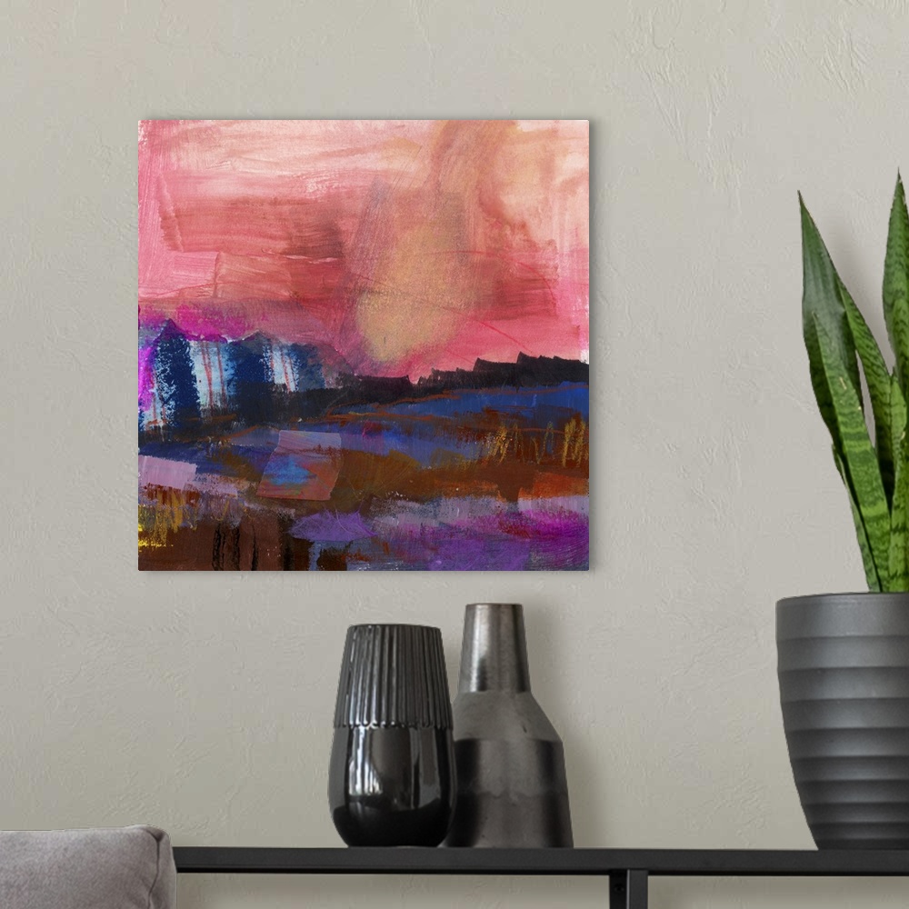 A modern room featuring A bright, bold, contemporary abstract painting in jewel tones of pink, blue and purple accented w...