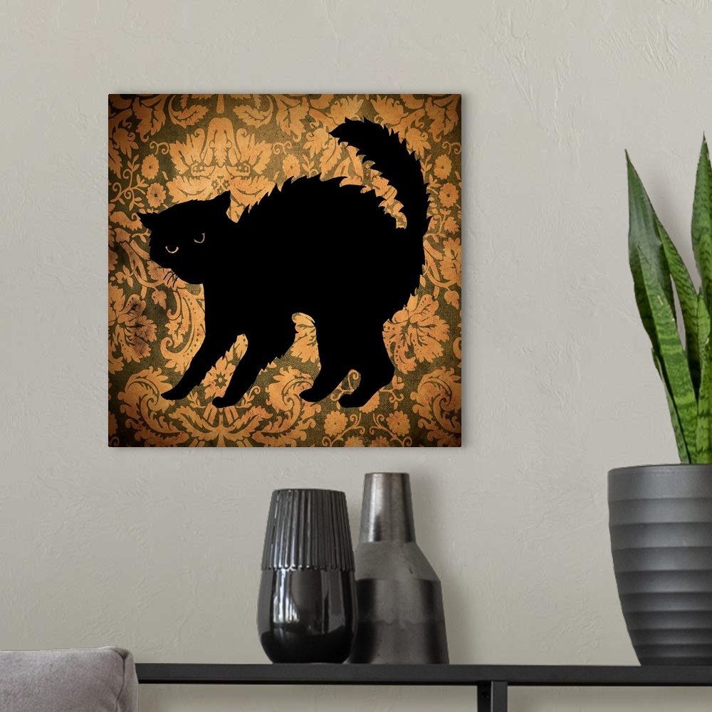 A modern room featuring Silhouette of a black cat on an orange floral background.