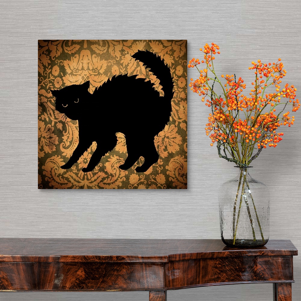 A traditional room featuring Silhouette of a black cat on an orange floral background.