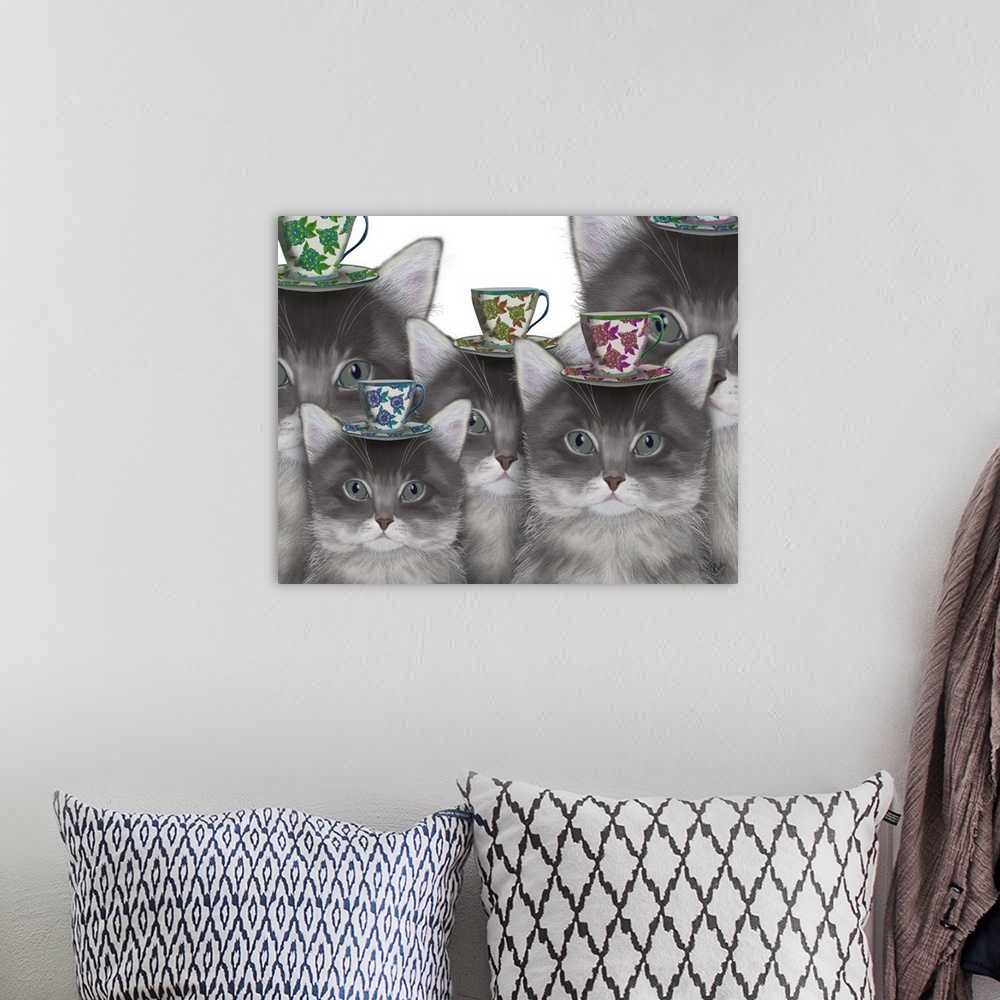 A bohemian room featuring Several grey cats with teacups balancing on their heads.
