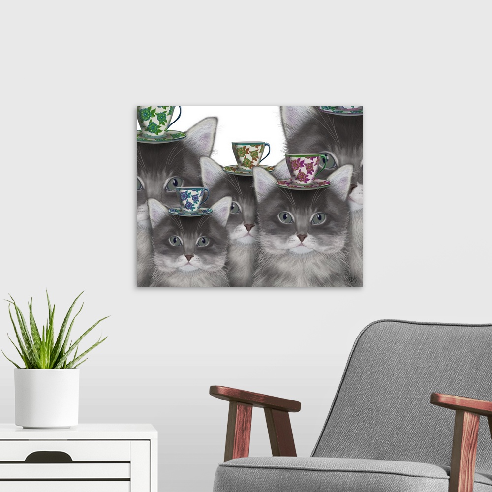 A modern room featuring Several grey cats with teacups balancing on their heads.