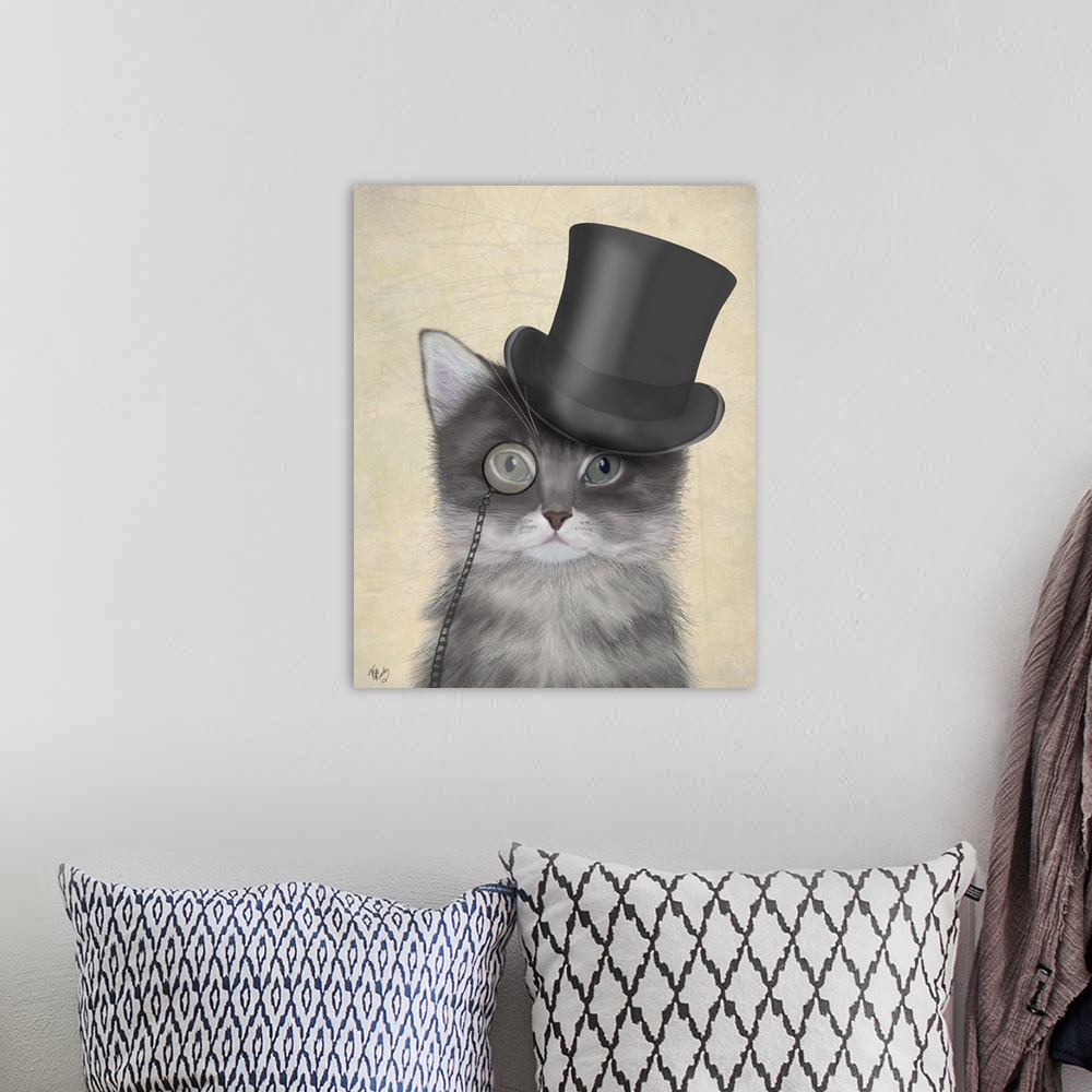 A bohemian room featuring A cute gray cat wearing a monocle and top hat.