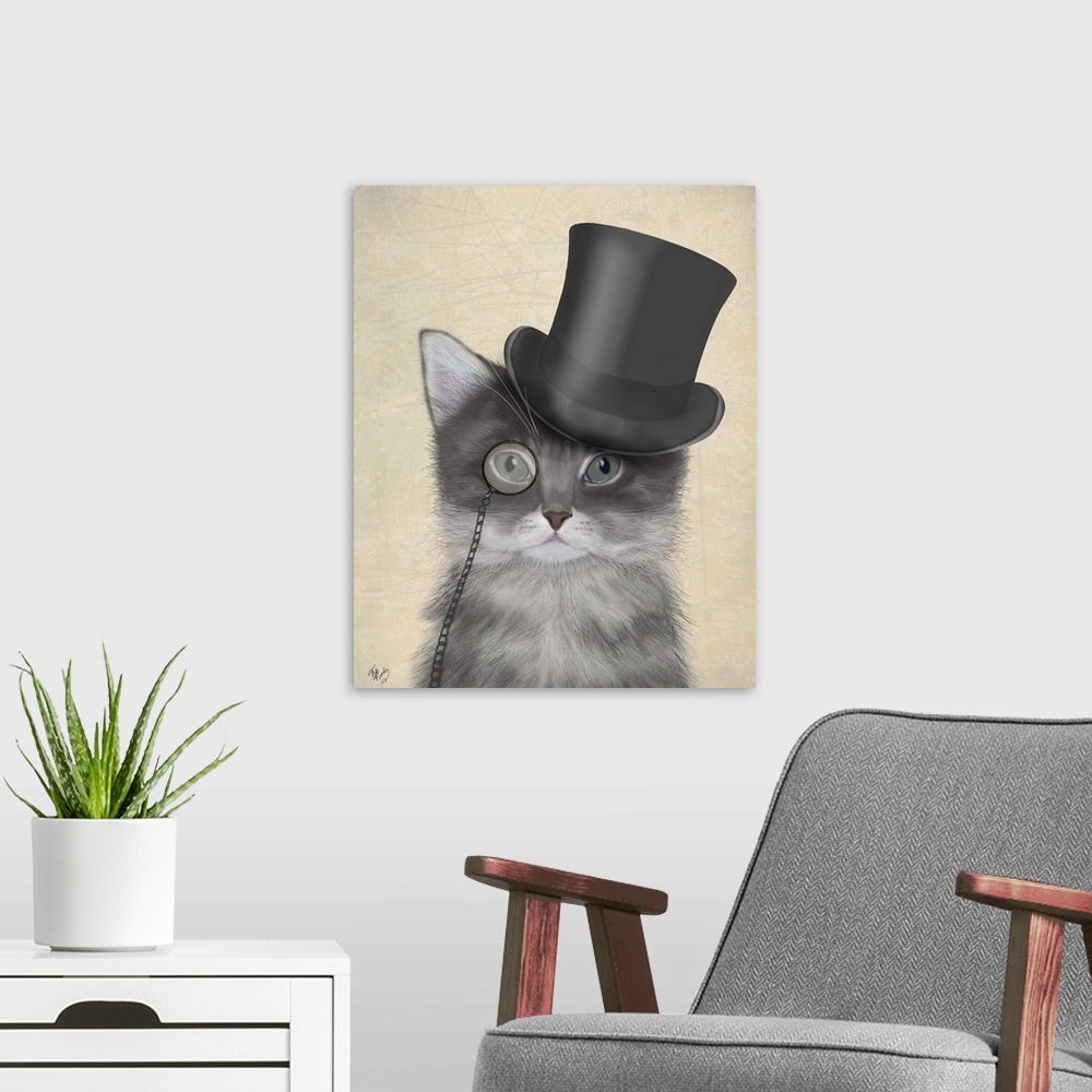 A modern room featuring A cute gray cat wearing a monocle and top hat.