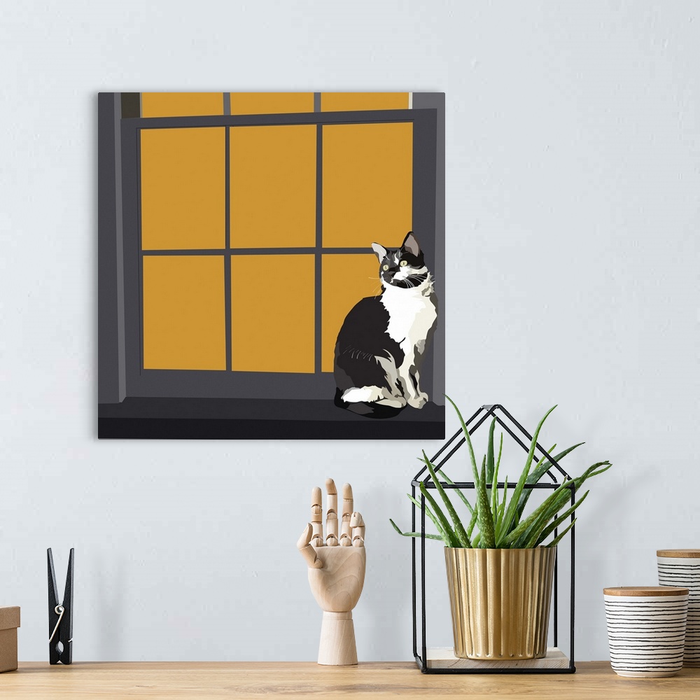 A bohemian room featuring A black and white cat sitting on a window sill with orange window panes.