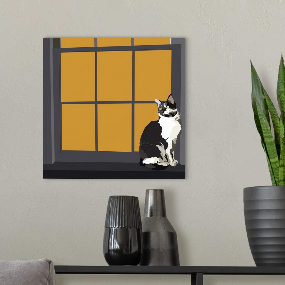 A modern room featuring A black and white cat sitting on a window sill with orange window panes.