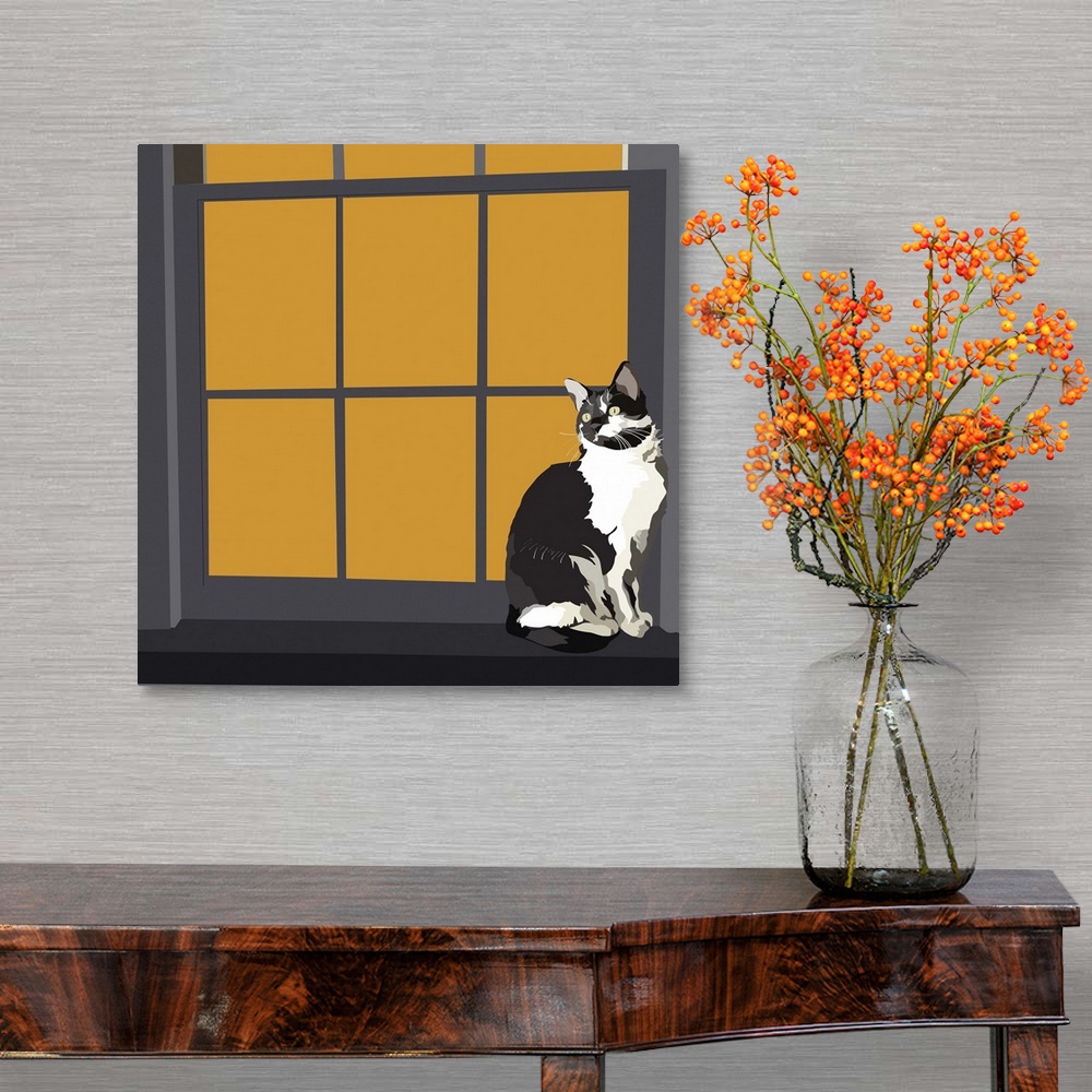 A traditional room featuring A black and white cat sitting on a window sill with orange window panes.