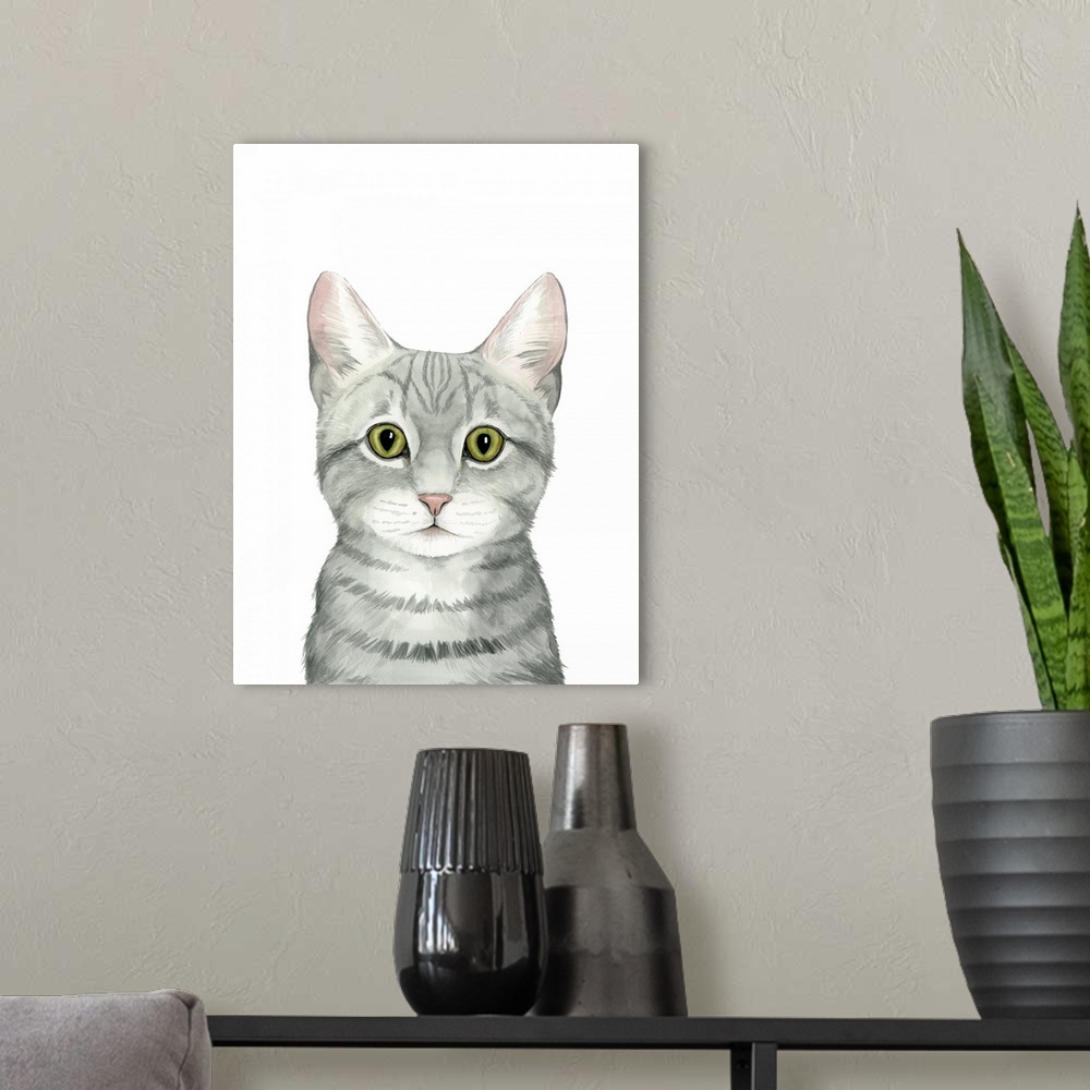 A modern room featuring This is one decorative artwork in a series of stoic cats that leave the viewer with feeling of tr...