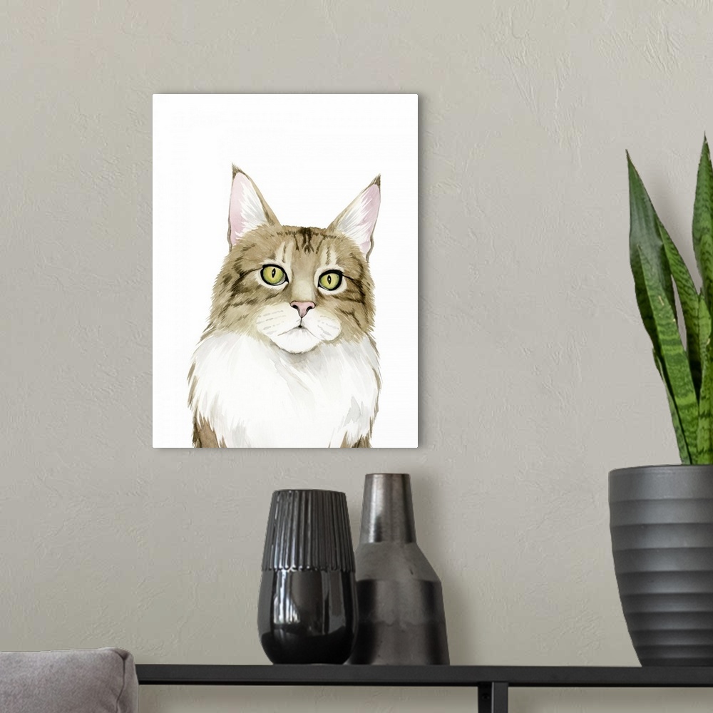 A modern room featuring This is one decorative artwork in a series of stoic cats that leave the viewer with feeling of tr...