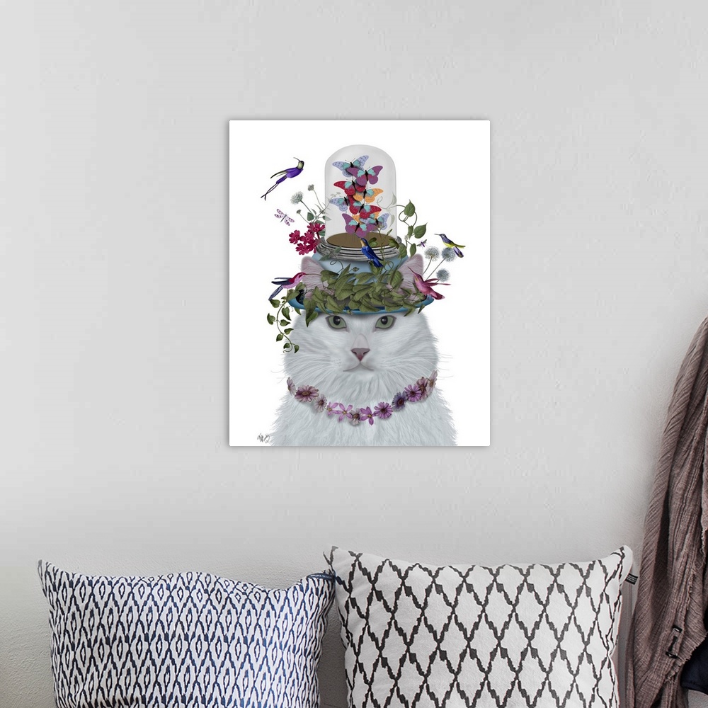 A bohemian room featuring Cat, White with Butterfly bell jar
