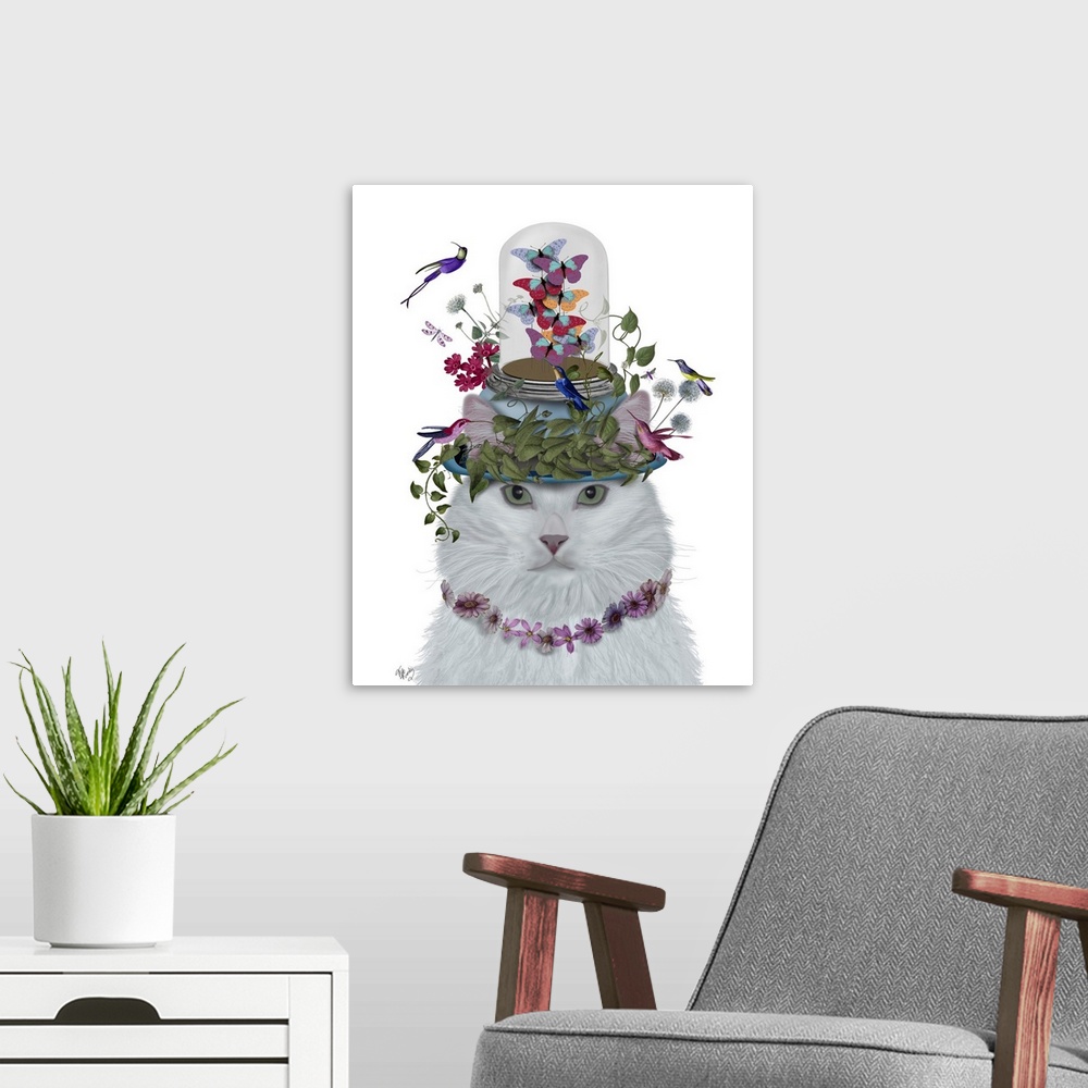 A modern room featuring Cat, White with Butterfly bell jar