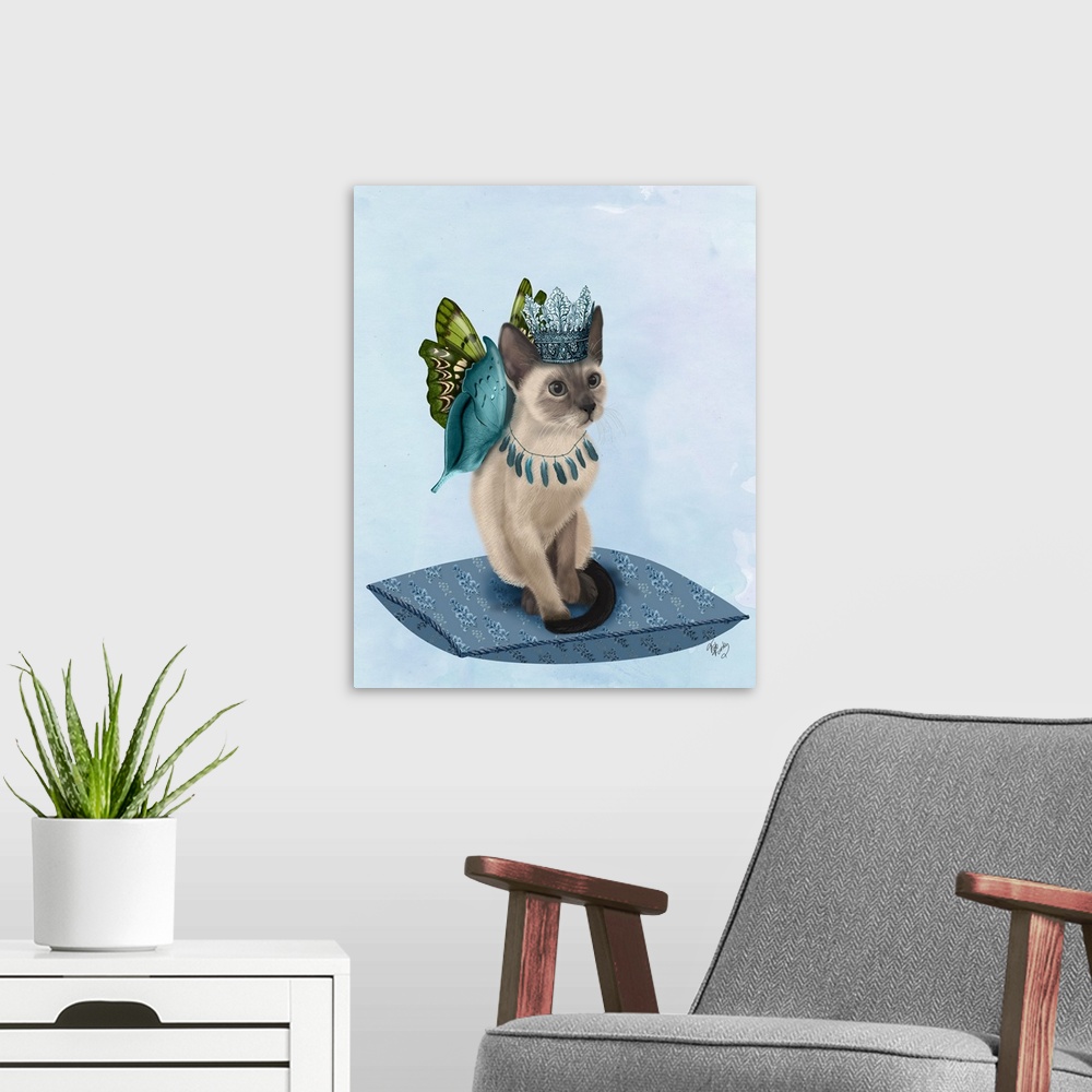 A modern room featuring A cat with butterfly wings sitting on a pillow.