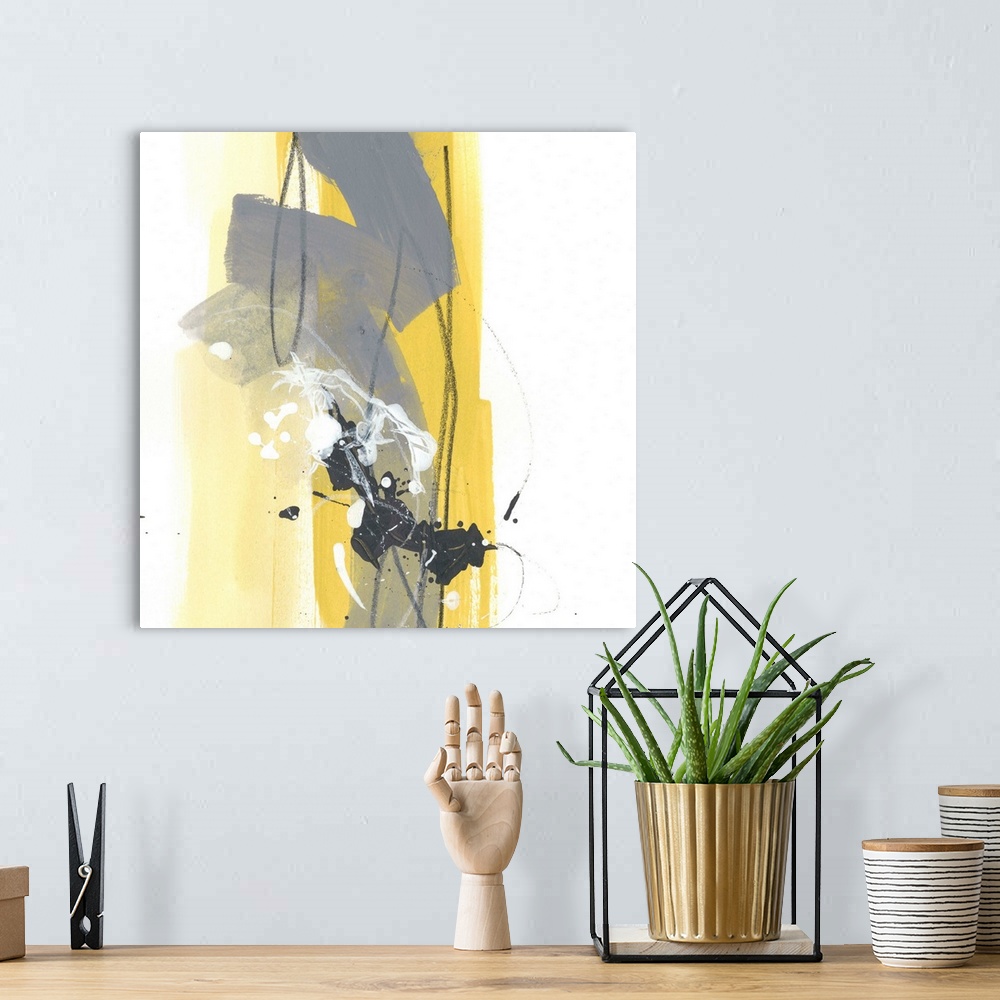 A bohemian room featuring Contemporary abstract art in yellow and grey on white with thin black brushstrokes.