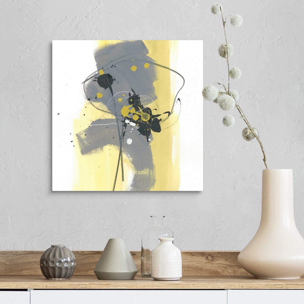 A farmhouse room featuring Contemporary abstract art in yellow and grey on white with thin black brushstrokes.