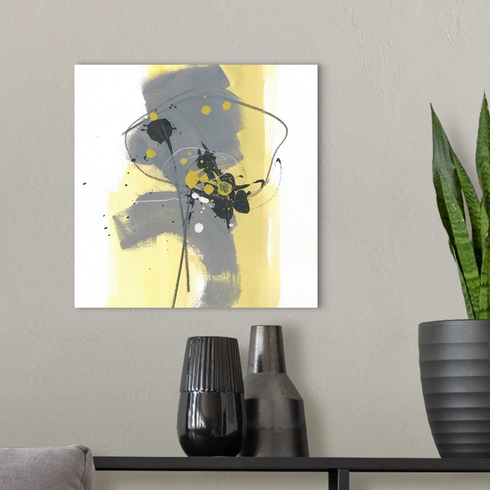 A modern room featuring Contemporary abstract art in yellow and grey on white with thin black brushstrokes.