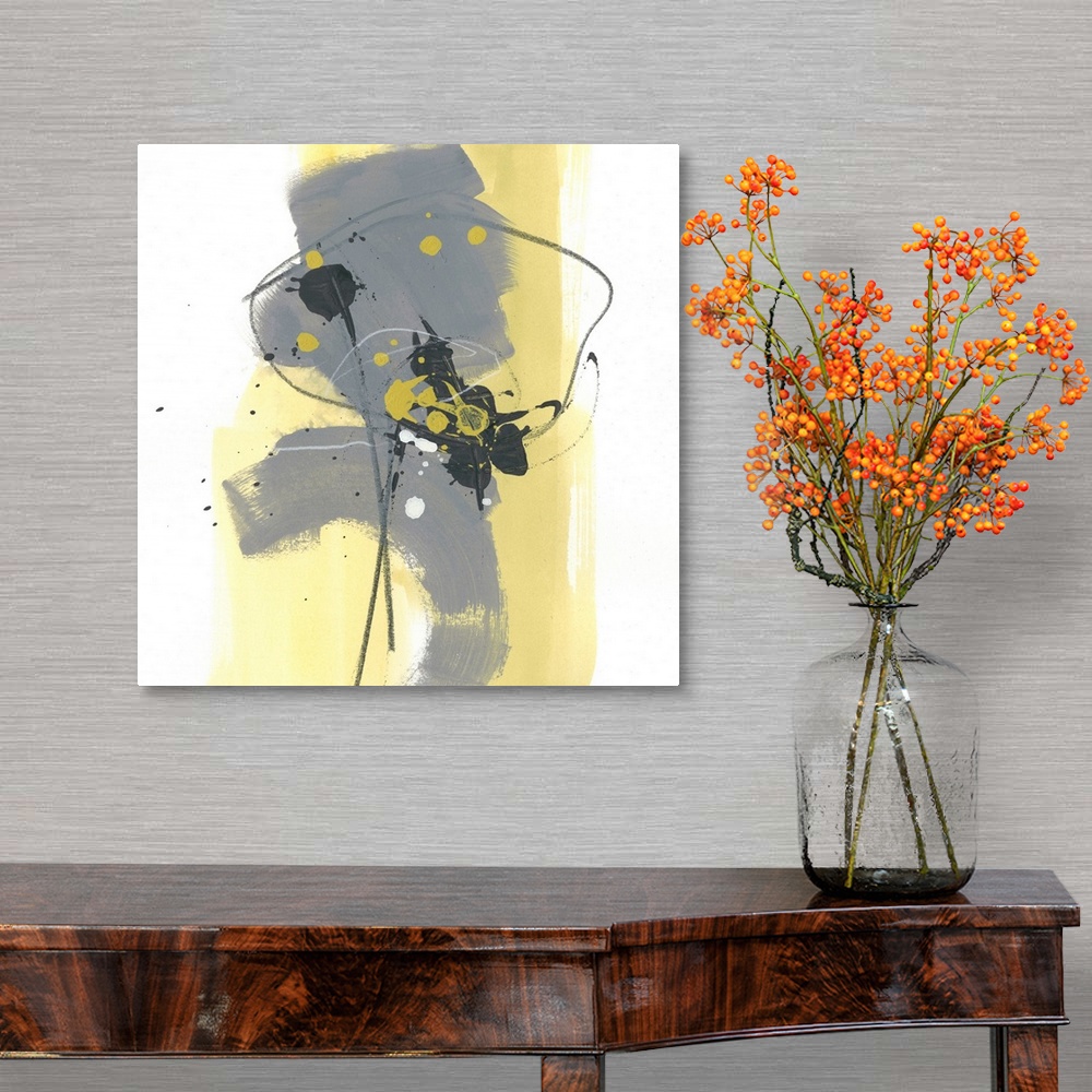 A traditional room featuring Contemporary abstract art in yellow and grey on white with thin black brushstrokes.