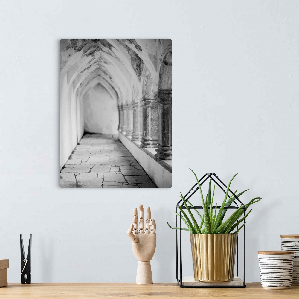 A bohemian room featuring Black and white photograph of the outside walkway of a cathedral, Ireland.