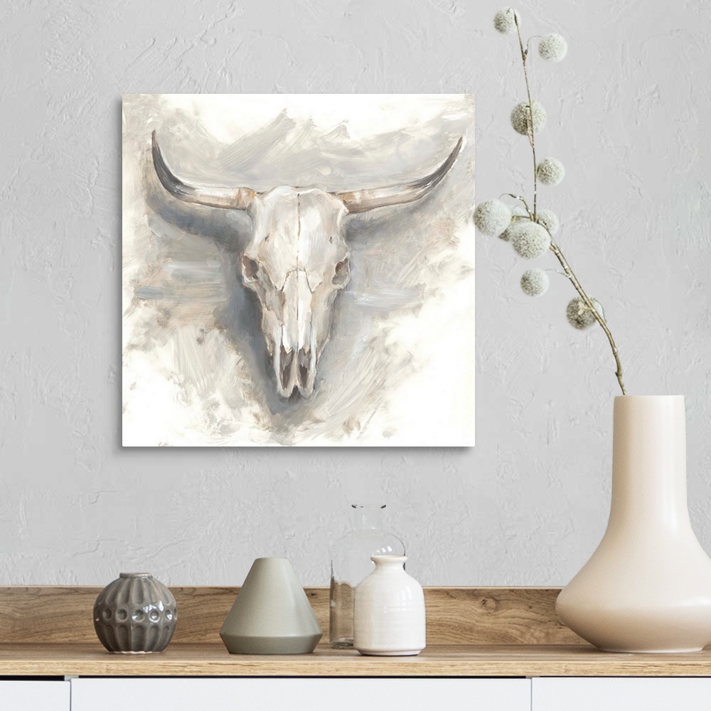 A farmhouse room featuring Contemporary painting of a mounted cattle skull in muted gray and beige hues.