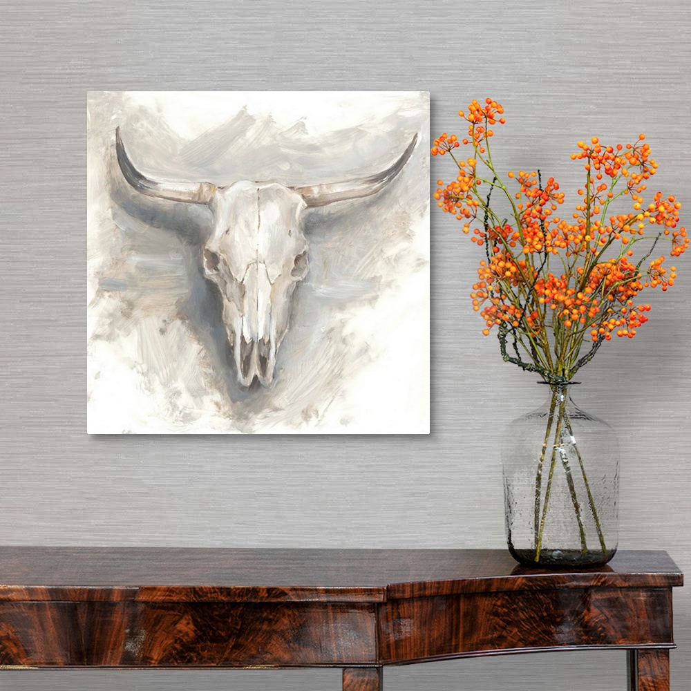 A traditional room featuring Contemporary painting of a mounted cattle skull in muted gray and beige hues.