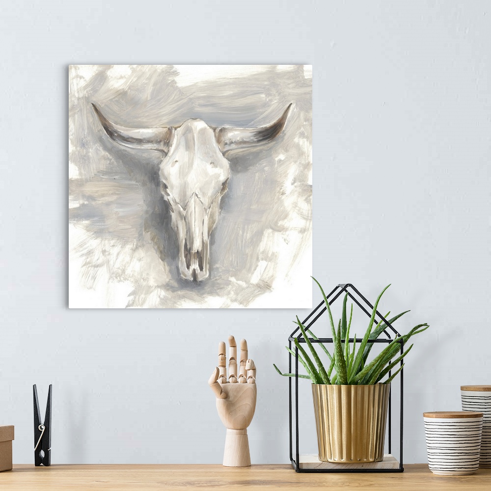 A bohemian room featuring Contemporary painting of a mounted cattle skull in muted gray and beige hues.