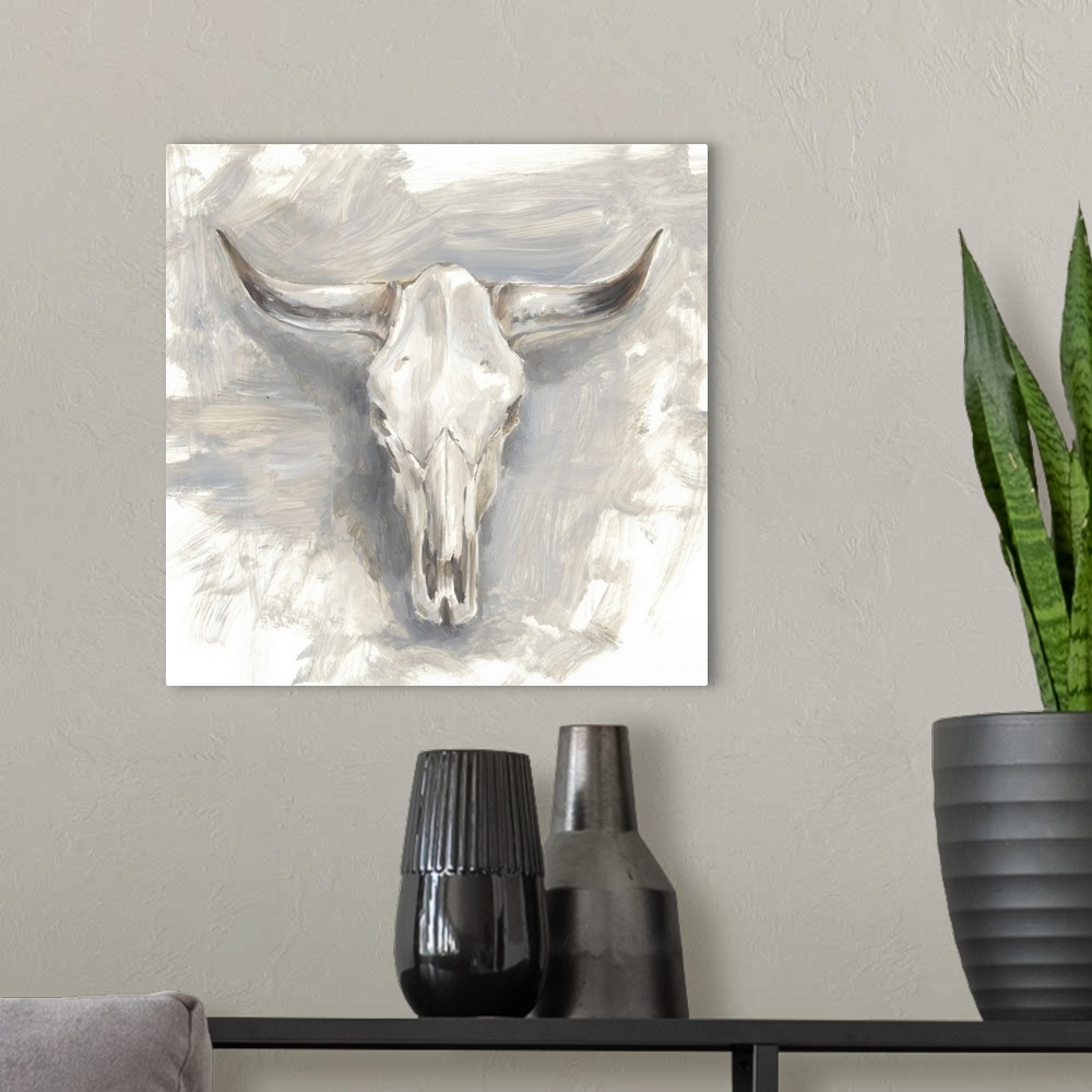 A modern room featuring Contemporary painting of a mounted cattle skull in muted gray and beige hues.