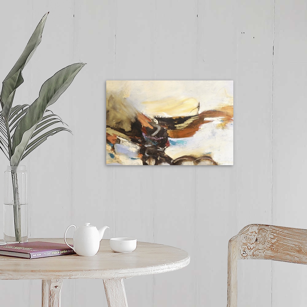 A farmhouse room featuring Sweeping brush strokes flow through this warm toned abstract artwork.