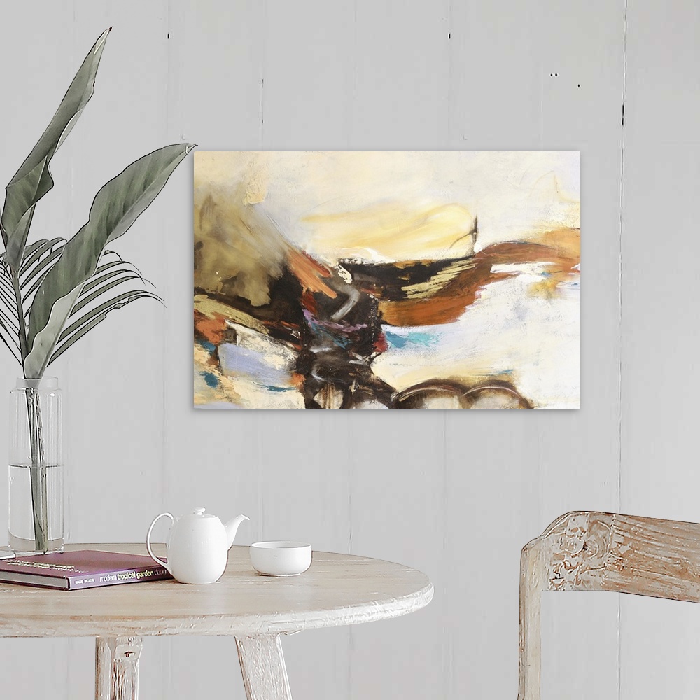 A farmhouse room featuring Sweeping brush strokes flow through this warm toned abstract artwork.