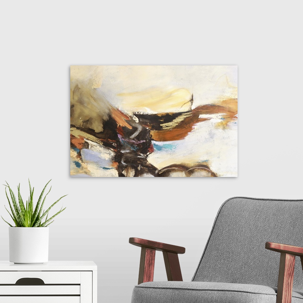 A modern room featuring Sweeping brush strokes flow through this warm toned abstract artwork.