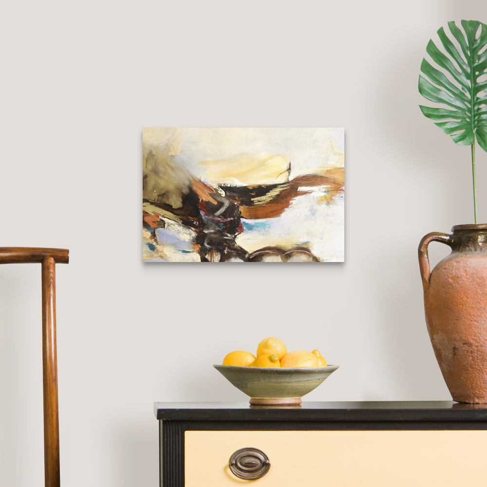 A traditional room featuring Sweeping brush strokes flow through this warm toned abstract artwork.