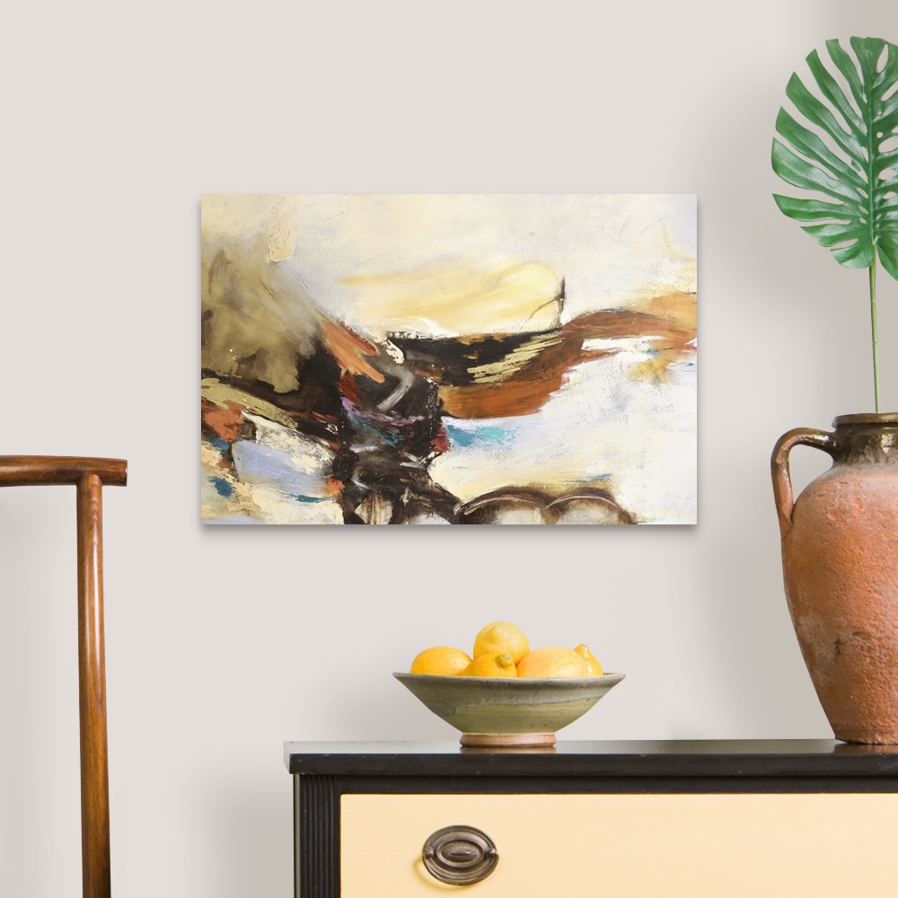 A traditional room featuring Sweeping brush strokes flow through this warm toned abstract artwork.