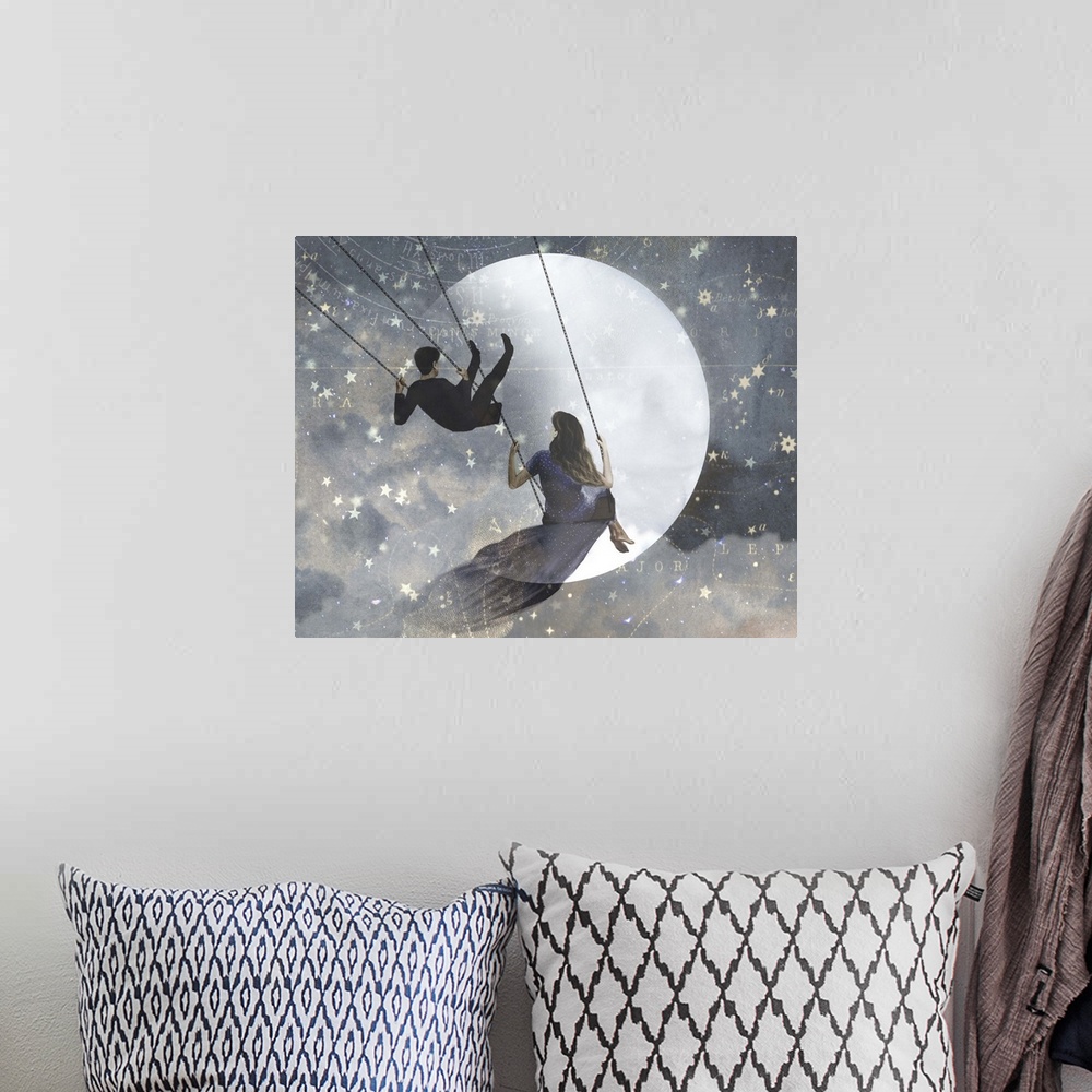 A bohemian room featuring Whimsical design of a couple on swings, flying through the clouds on a starry night with a full m...